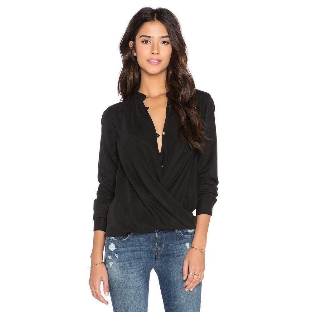 BlankNYC Womens Long Sleeve Top Drape Button Front Black Shirt Size XS